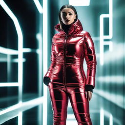 A stunning woman wearing a tight shiny puffer suit with black and red parts, standing confidently in a stylish, modern environment