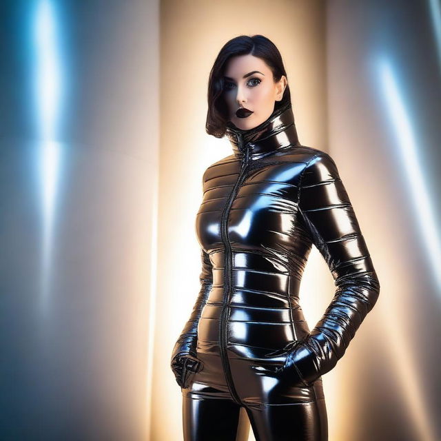 A stunning woman wearing a tight latex corset and a sexy puffer jacket, standing confidently in a stylish, modern environment