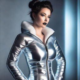 A stunning woman wearing a tight latex corset and a sexy puffer jacket, standing confidently in a stylish, modern environment