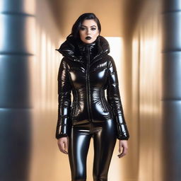 A beautiful woman wearing a tight latex corset and a sexy puffer jacket