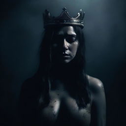 A woman wearing a crown, injured and standing in the darkness of night