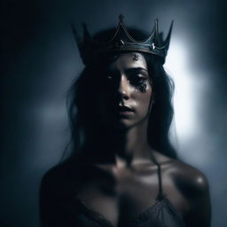 A woman wearing a crown, injured and standing in the darkness of night