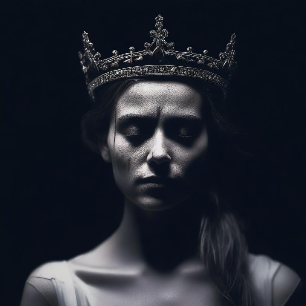 A woman wearing a crown, injured and standing in the darkness of night