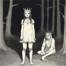 A full-body image of a young girl wearing a crown, injured in the night