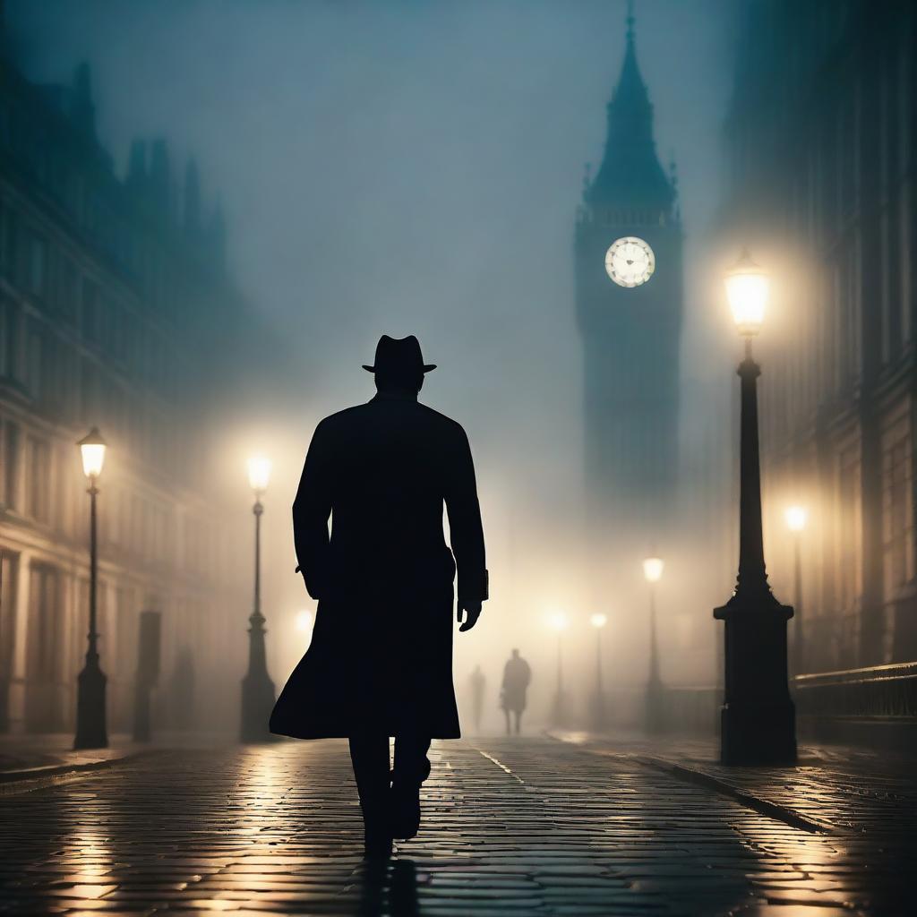 A deserted, foggy street at evening with a lone detective walking with a flashlight