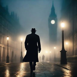 A deserted, foggy street at evening with a lone detective walking with a flashlight