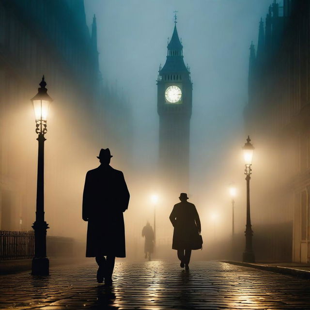 A deserted, foggy street at evening with a lone detective walking with a flashlight