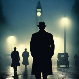 A deserted, foggy street at evening with a lone detective walking with a flashlight