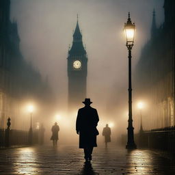 A deserted, foggy street at evening with a lone detective walking with a flashlight