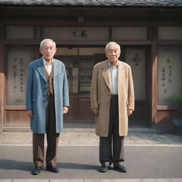 Two elderly men standing in an anime style backdrop, their surroundings reflecting the charm of old times.