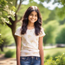 A young Indian girl wearing a casual t-shirt, standing in a natural setting with trees and flowers in the background