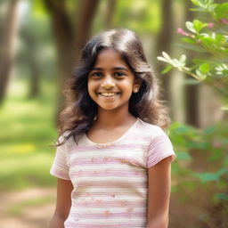 A young Indian girl wearing a casual t-shirt, standing in a natural setting with trees and flowers in the background