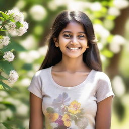 A young Indian girl wearing a casual t-shirt, standing in a natural setting with trees and flowers in the background