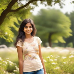 A young Indian girl wearing a casual t-shirt, standing in a natural setting with trees and flowers in the background