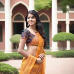 A beautiful Indian college girl with a perfect figure, wearing traditional Indian attire, standing in a college campus