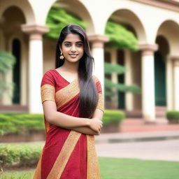 A beautiful Indian college girl with a perfect figure, wearing traditional Indian attire, standing in a college campus