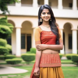 A beautiful Indian college girl with a perfect figure, wearing traditional Indian attire, standing in a college campus