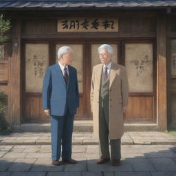 Two elderly men standing in an anime style backdrop, their surroundings reflecting the charm of old times.