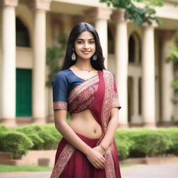 A beautiful Indian college girl with a perfect figure, wearing traditional Indian attire, standing in a college campus