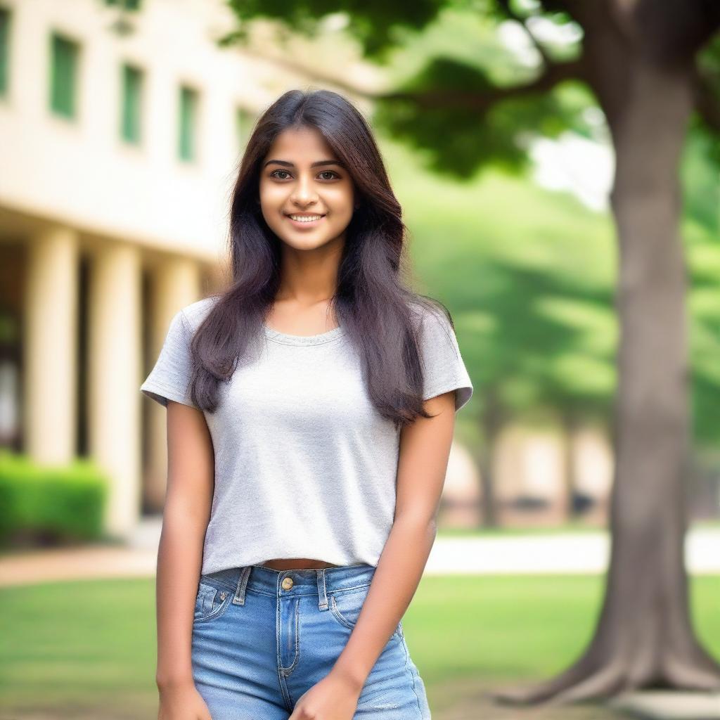 A young Indian college girl with a perfect figure, wearing a casual t-shirt and shorts