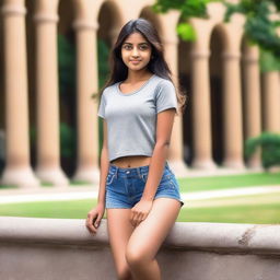 A young Indian college girl with a perfect figure, wearing a casual t-shirt and shorts