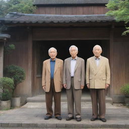 Two elderly men standing in an anime style backdrop, their surroundings reflecting the charm of old times.