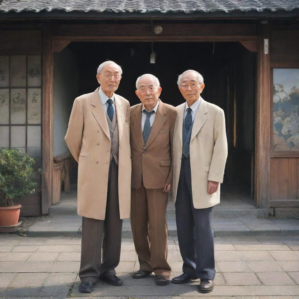 Two elderly men standing in an anime style backdrop, their surroundings reflecting the charm of old times.