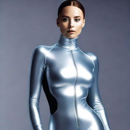 A young woman wearing a tight, form-fitting skinsuit that accentuates her curves