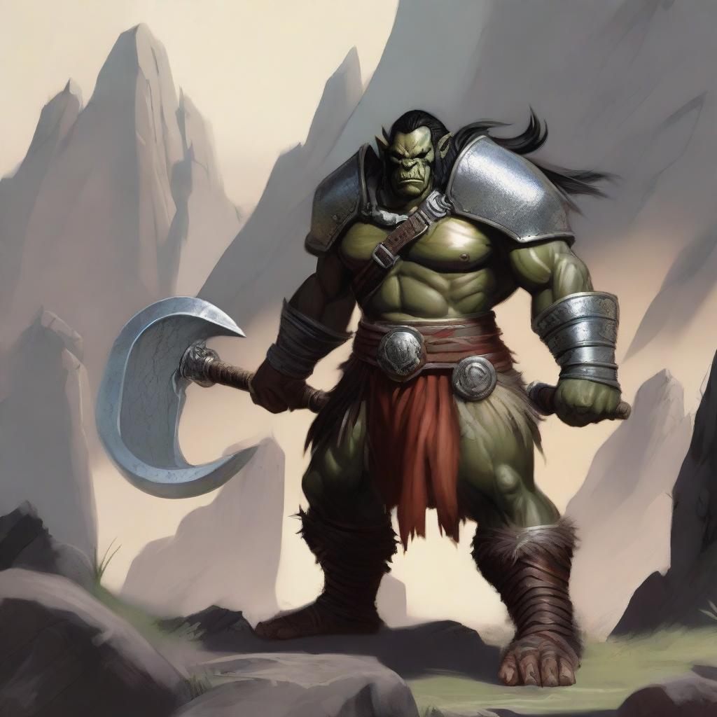 A large male orc from the Eberron universe, depicted as a barbarian