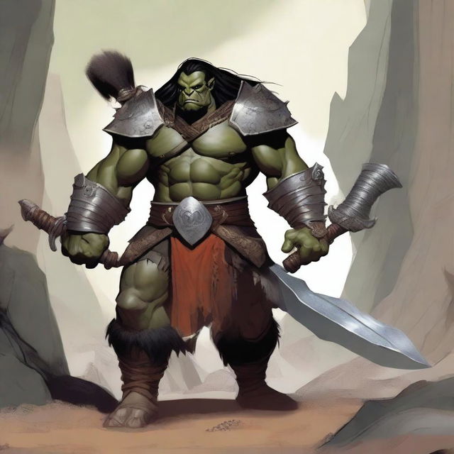 A large male orc from the Eberron universe, depicted as a barbarian