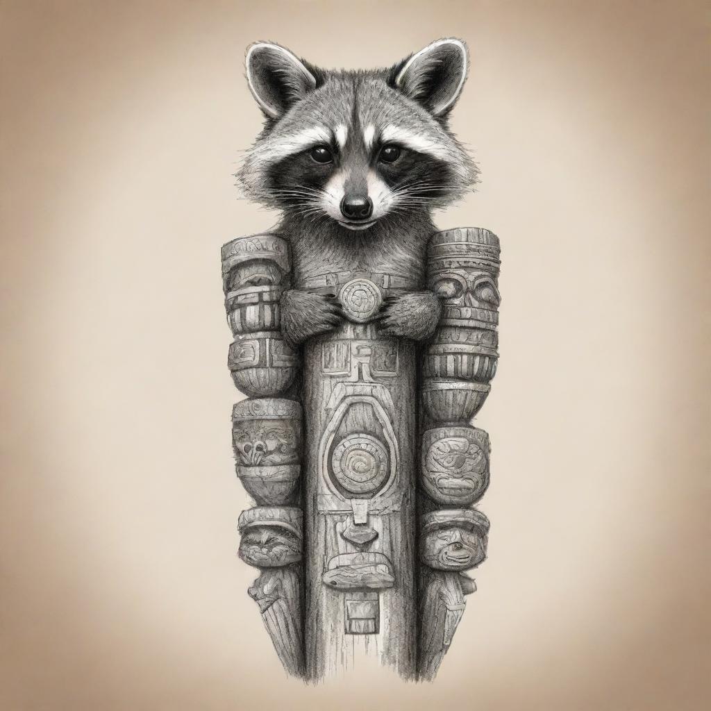 Sketch art style of a raccoon totem pole, with elements showcasing the culture of both USA and Canada.