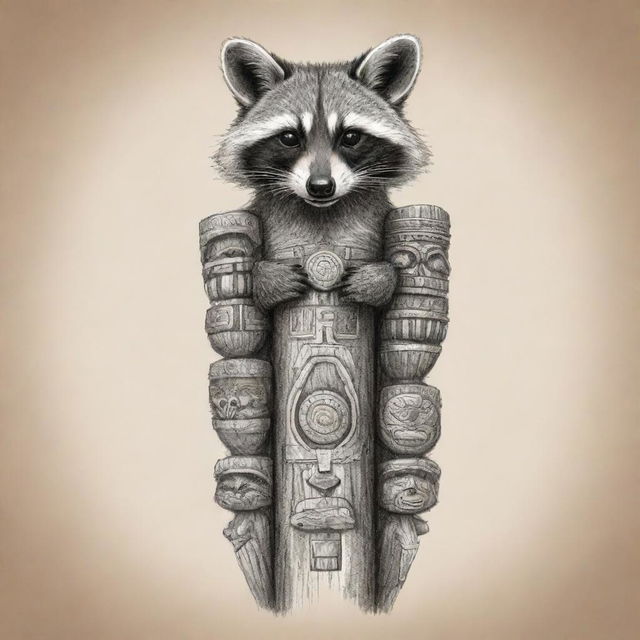 Sketch art style of a raccoon totem pole, with elements showcasing the culture of both USA and Canada.