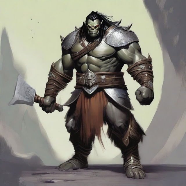 A large male orc from the world of Eberron, depicted as a barbarian