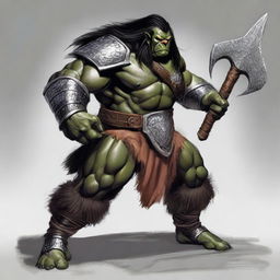 A large male orc from the world of Eberron, depicted as a barbarian