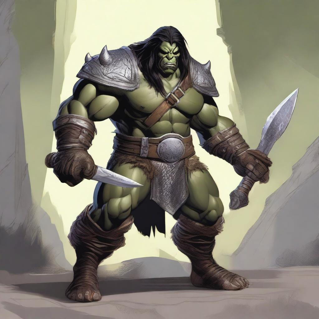 A large male orc from the world of Eberron, depicted as a barbarian