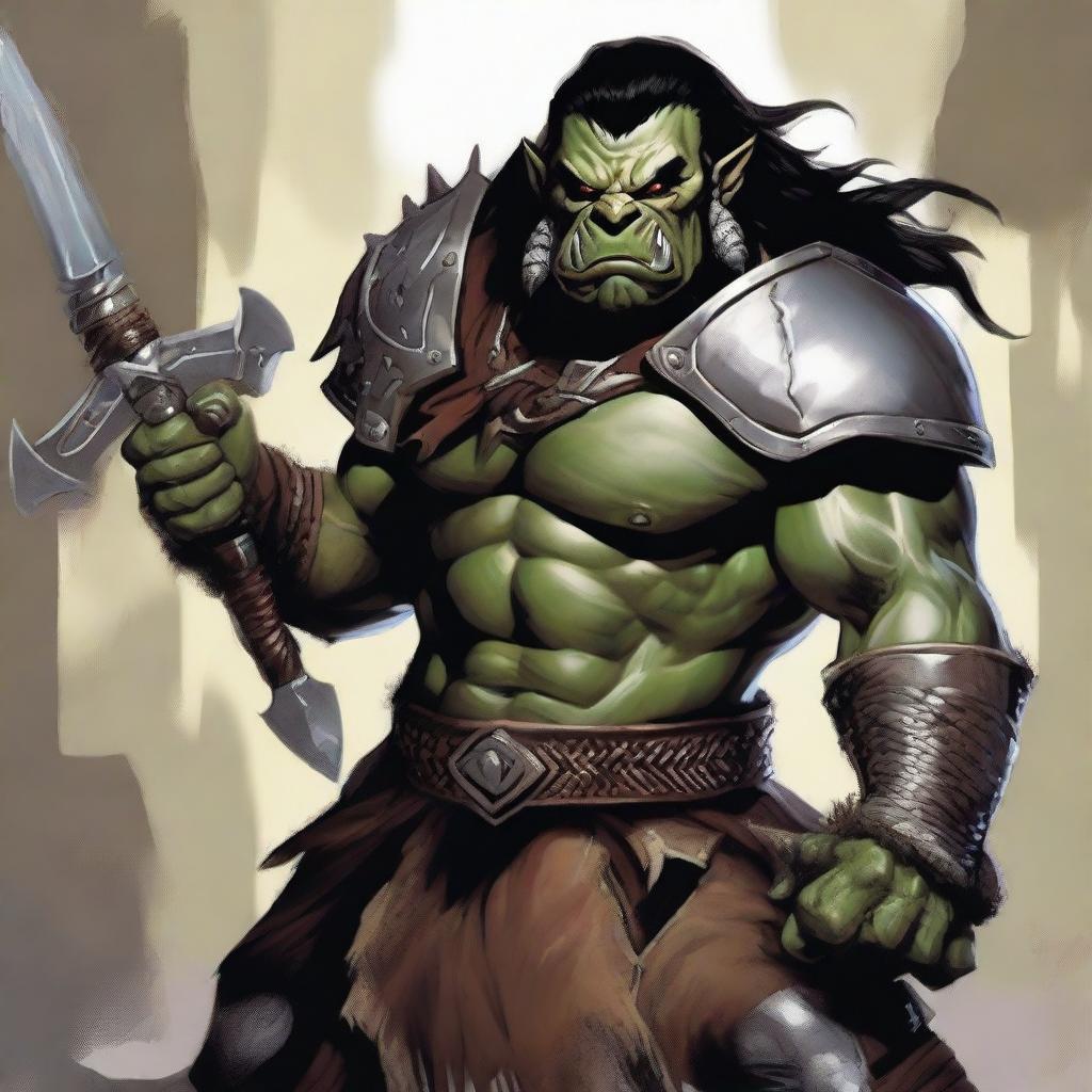 A large male orc from the world of Eberron, depicted as a barbarian