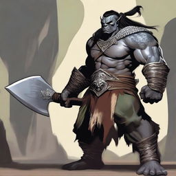 A large male orc from the world of Eberron, depicted as a barbarian