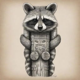 Sketch art style of a raccoon totem pole, with elements showcasing the culture of both USA and Canada.