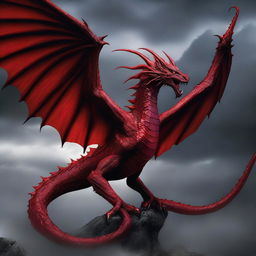 A majestic and fearsome blood red wyrm, its scales glistening in the light as it spreads its massive wings