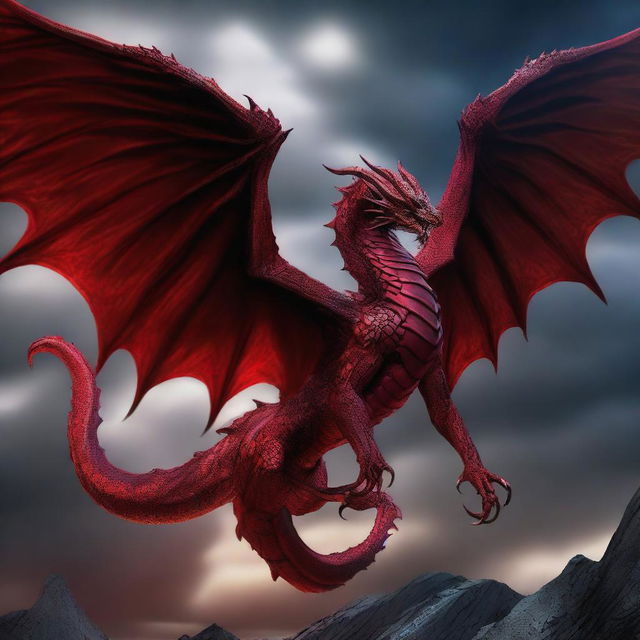 A majestic and fearsome blood red wyrm, its scales glistening in the light as it spreads its massive wings