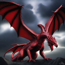 A majestic and fearsome blood red wyrm, its scales glistening in the light as it spreads its massive wings