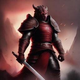 A powerful red Dragonborn fighter standing tall with a fierce expression