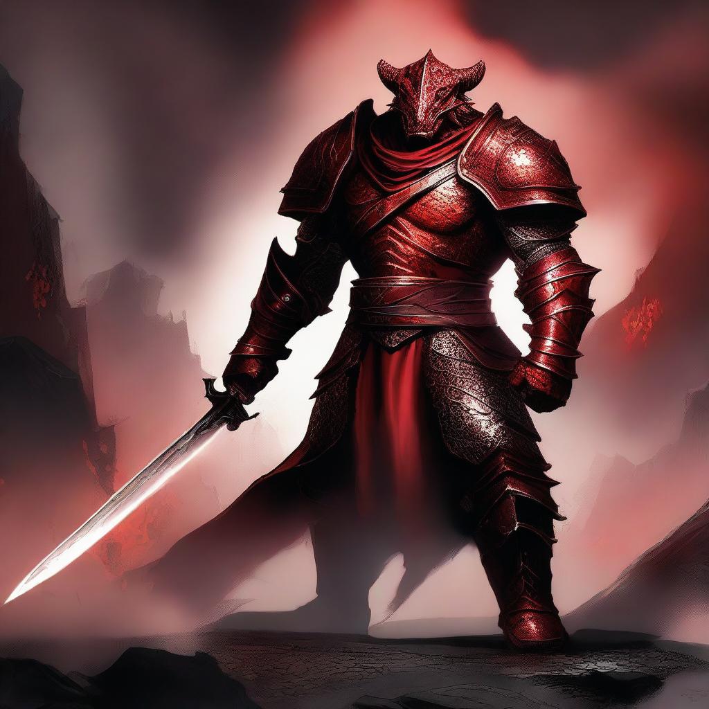 A powerful red Dragonborn fighter standing tall with a fierce expression