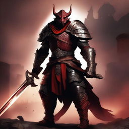 A powerful red Dragonborn fighter standing tall with a fierce expression