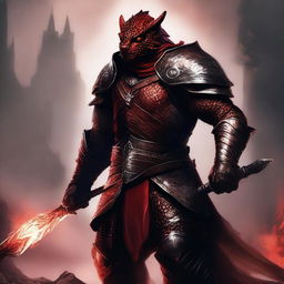 A powerful red Dragonborn fighter standing tall with a fierce expression