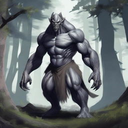 A fantasy monster with grey skin, resembling a prehistoric humanoid