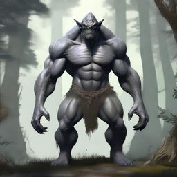 A fantasy monster with grey skin, resembling a prehistoric humanoid