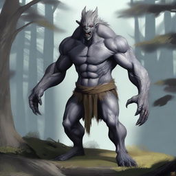 A fantasy monster with grey skin, resembling a prehistoric humanoid