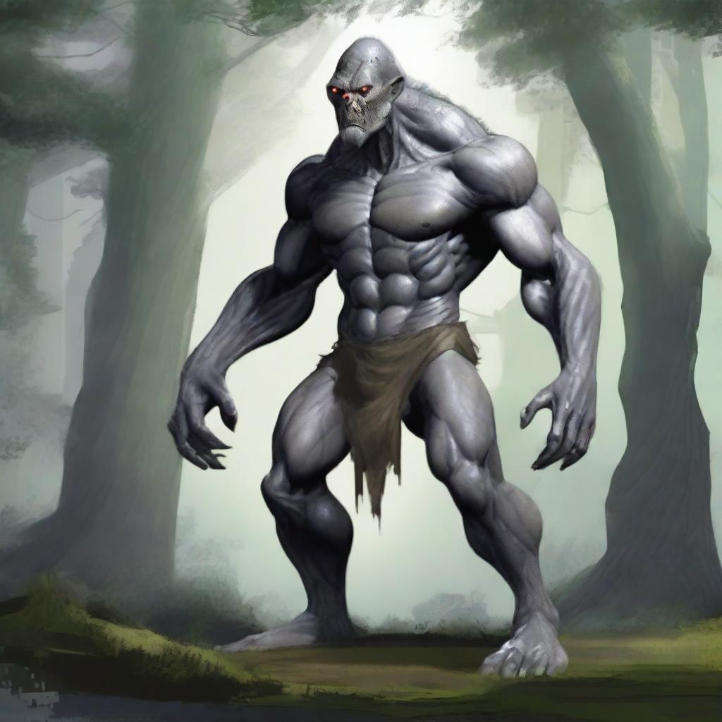 A fantasy monster with grey skin, resembling a prehistoric humanoid