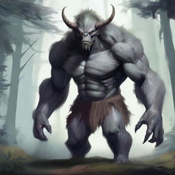 A fantasy monster with grey skin, resembling a prehistoric humanoid